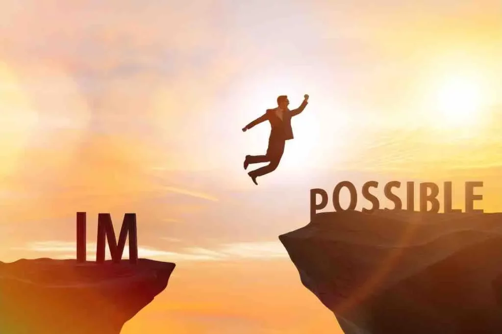 Un homme saute vers le mot "possible" car il en confiance en lui grâce à la formation professionnelle